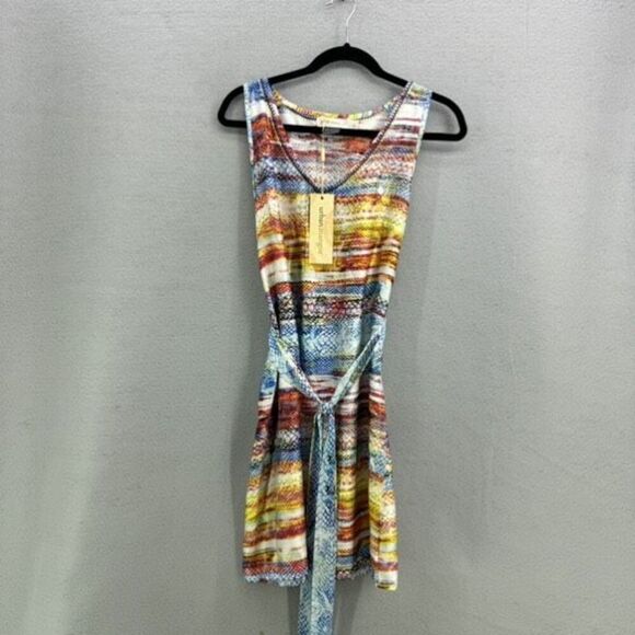 NWT Urban Mangoz Womens Multicolor Satin Striped Aztec Print Sleeveless Dress Sm - Picture 1 of 9